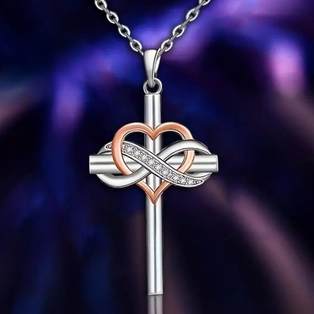 Rose gold color infinity heart cross necklace